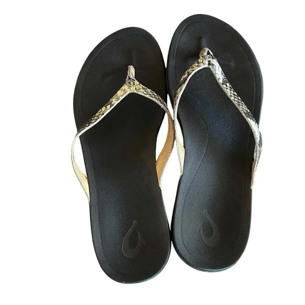 OLUKAI Ho'Opio Women's Size 8/38 Snake Print Leather Thong Flip Flop Sandals - Picture 3 of 7